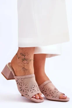 Outlet Damskie buty S.Barski Klapki Na Obcasie Z Siateczką S.Barski KV-612-1 Nude Różowy