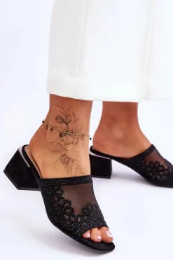 Damskie buty S.Barski Klapki Na Obcasie|Klapki Damskie Klasyczne*Klapki Na Obcasie Z Siateczką S.Barski KV-612-1 Czarne