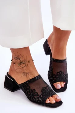 Damskie buty S.Barski Klapki Na Obcasie|Klapki Damskie Klasyczne*Klapki Na Obcasie Z Siateczką S.Barski KV-612-1 Czarne