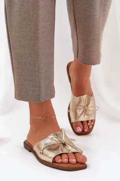 Damskie Boto Klapki Na Płaskiej Podeszwie Z Ozdobną Kokardką Złote Deonelis