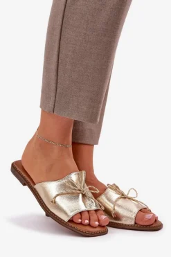 Damskie Boto Klapki Na Płaskiej Podeszwie Z Ozdobną Kokardką Złote Deonelis