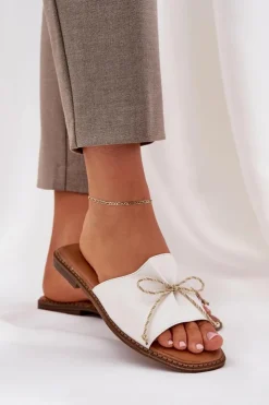 Damskie Boto Klapki Na Płaskiej Podeszwie Z Ozdobną Kokardką Białe Deonelis