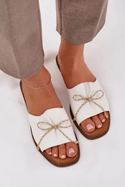 Damskie Boto Klapki Na Płaskiej Podeszwie Z Ozdobną Kokardką Białe Deonelis