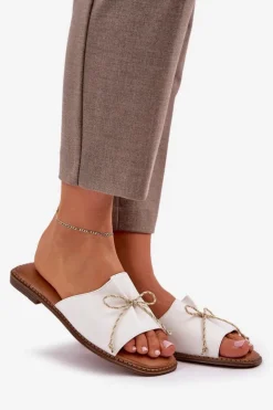 Damskie Boto Klapki Na Płaskiej Podeszwie Z Ozdobną Kokardką Białe Deonelis