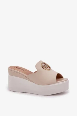 Damskie Boto Klapki Na Platformie I Koturnie Z Ozdobą Jasnobeżowe Nanessia