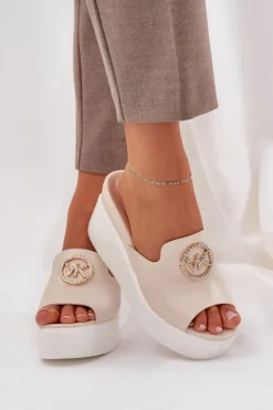 Damskie Boto Klapki Na Platformie I Koturnie Z Ozdobą Jasnobeżowe Nanessia