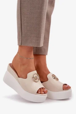 Damskie Boto Klapki Na Platformie I Koturnie Z Ozdobą Jasnobeżowe Nanessia