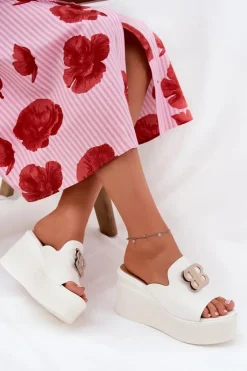 Boto Klapki Na Koturnie|Klapki Na Platformie*Klapki Na Platformie I Koturnie Z Ozdobą Białe Tanonea