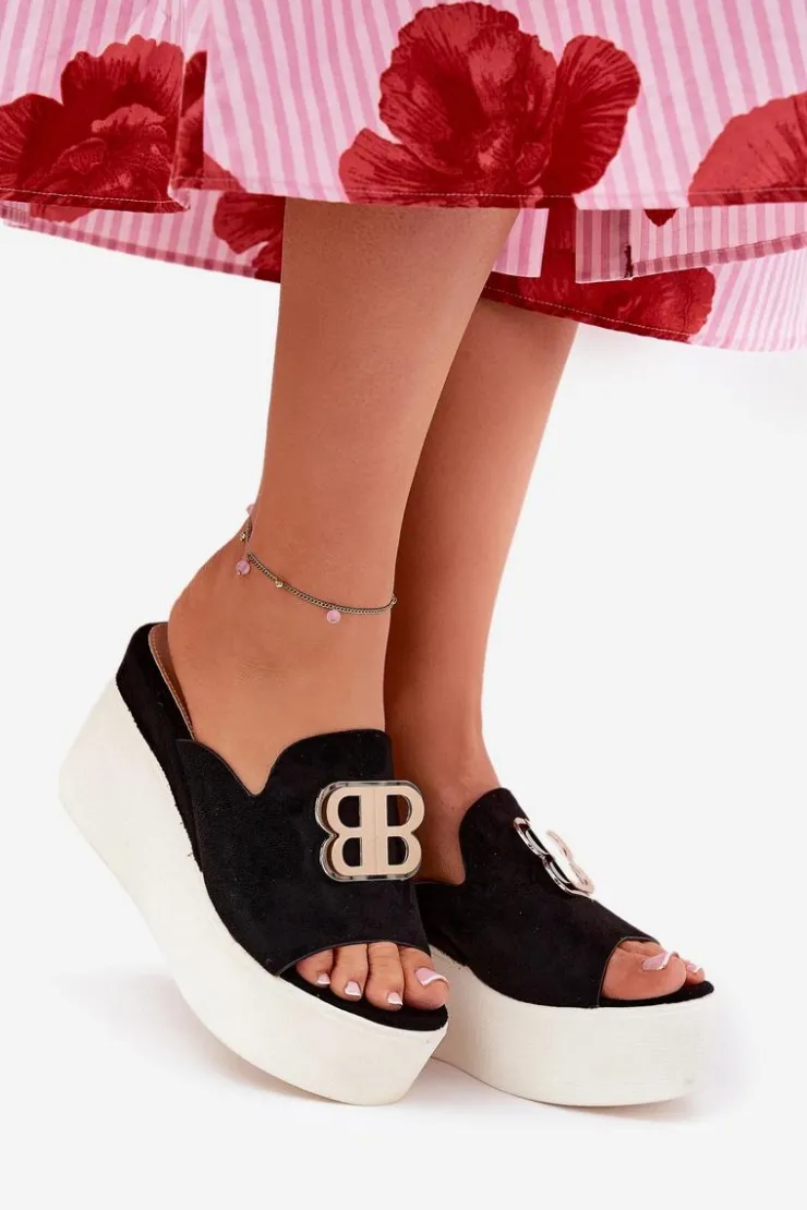 Boto Klapki Na Koturnie|Klapki Na Platformie*Klapki Na Platformie I Koturnie Z Ozdobą Czarne Tanonea Czarny