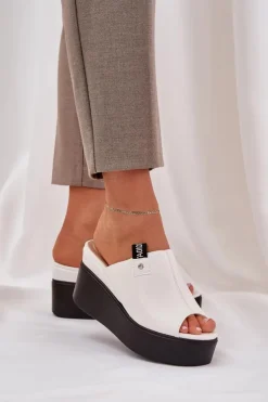 New Boto Klapki Na Platformie I Koturnie Eko Skórzane Białe Eridoria