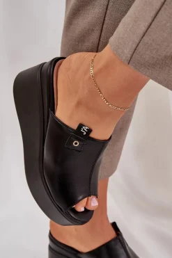 Damskie Boto Klapki Na Platformie I Koturnie Eko Skórzane Czarne Eridoria