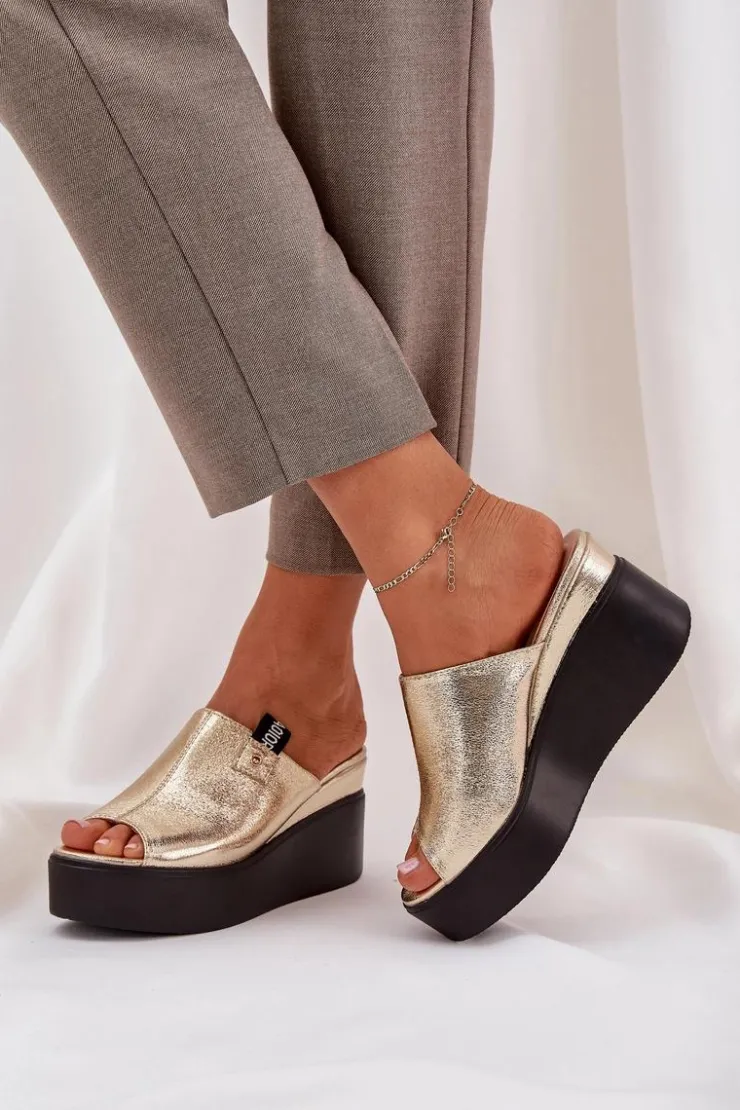 Boto Klapki Na Koturnie|Klapki Na Platformie*Klapki Na Platformie I Koturnie Eko Skórzane Złote Eridoria