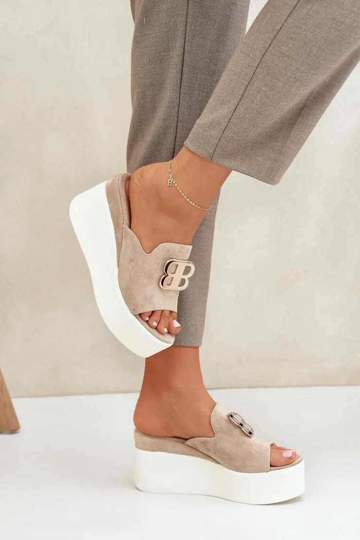 Best Boto Klapki Na Platformie I Koturnie Z Ozdobą Beżowe Tanonea Beżowy