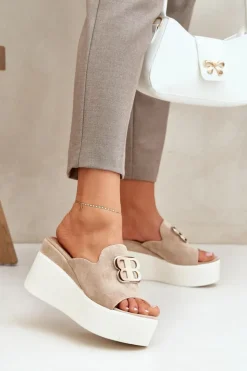 Best Boto Klapki Na Platformie I Koturnie Z Ozdobą Beżowe Tanonea Beżowy