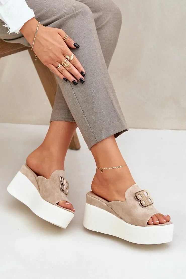 Best Boto Klapki Na Platformie I Koturnie Z Ozdobą Beżowe Tanonea Beżowy