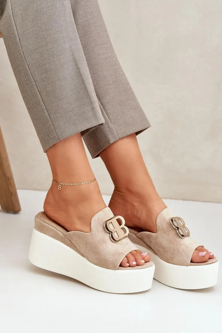Best Boto Klapki Na Platformie I Koturnie Z Ozdobą Beżowe Tanonea Beżowy
