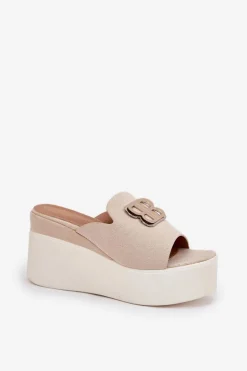 Damskie Boto Klapki Na Platformie I Koturnie Z Ozdobą Beżowe Tanonea