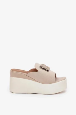 Damskie Boto Klapki Na Platformie I Koturnie Z Ozdobą Beżowe Tanonea