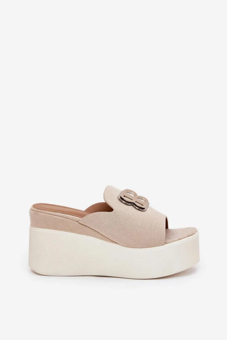 Damskie Boto Klapki Na Platformie I Koturnie Z Ozdobą Beżowe Tanonea