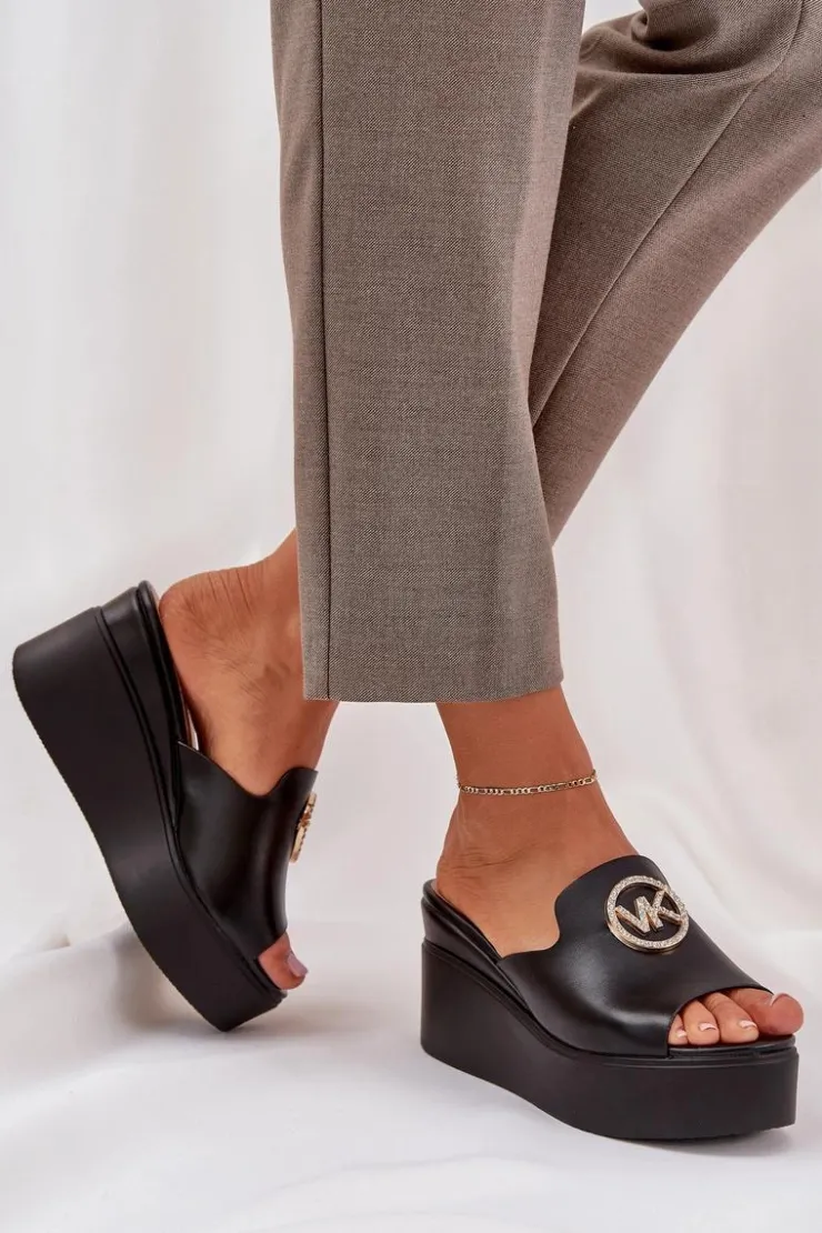 Hot Boto Klapki Na Platformie I Koturnie Z Ozdobą Czarne Nanessia