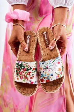 Damskie Boto Klapki Na Platformie W Kwiaty Białe Malia