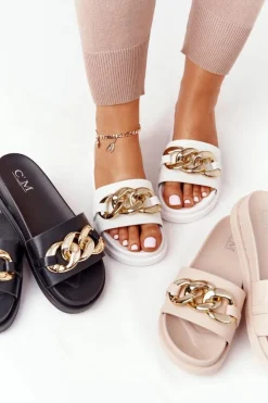 Damskie Boto Klapki Na Platformie Z Łańcuchem Białe Vacation