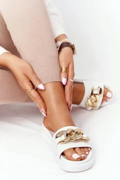 Damskie Boto Klapki Na Platformie Z Łańcuchem Białe Vacation