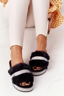 Damskie Boto Klapki Na Platformie Z Futerkiem I Cyrkoniami Czarne Impress