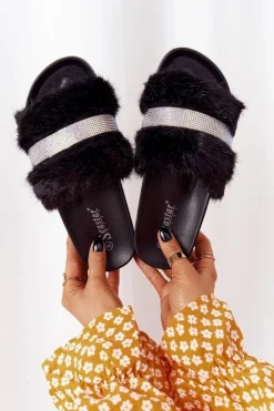 Damskie Boto Klapki Na Platformie Z Futerkiem I Cyrkoniami Czarne Impress