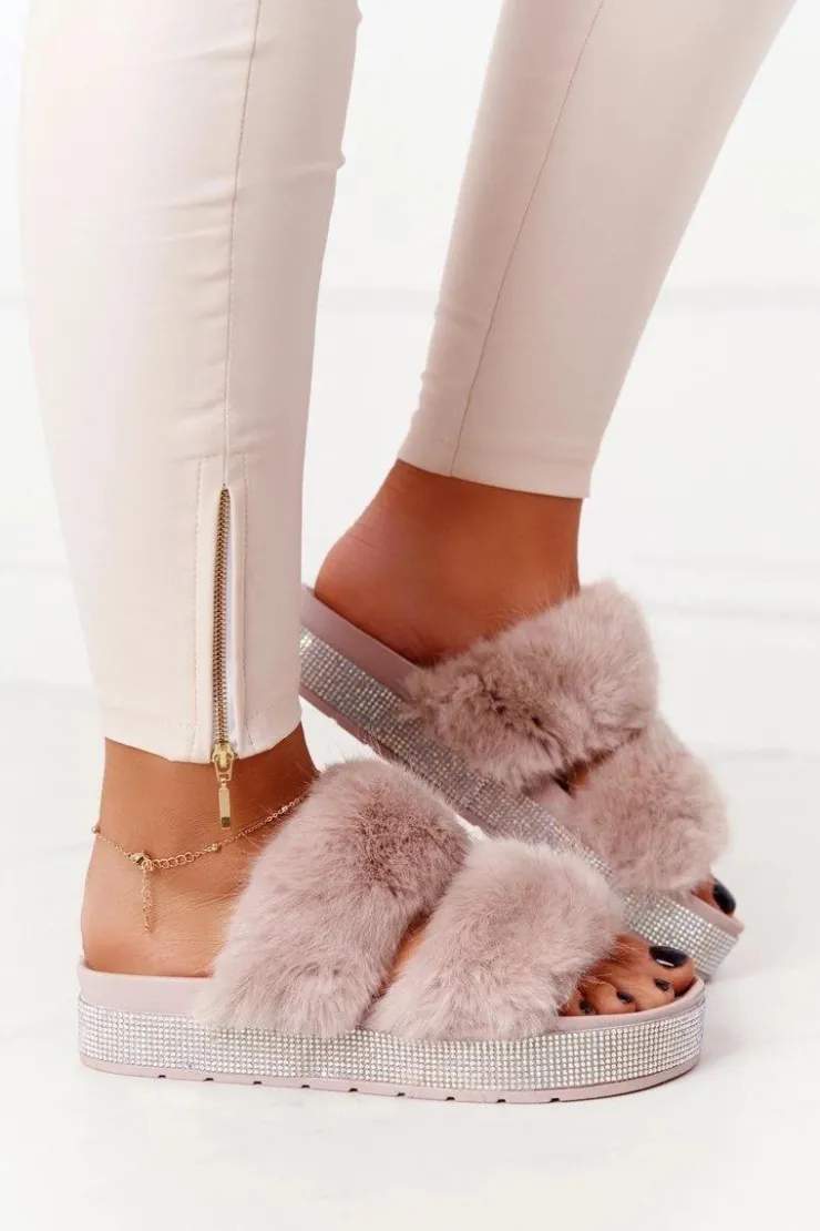 Sale Boto Klapki Na Platformie Z Futerkiem I Cyrkoniami Beżowe Wow!