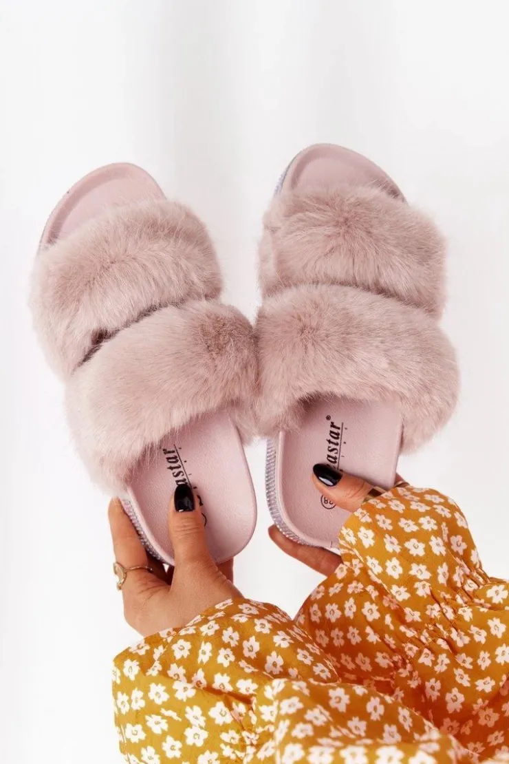 Sale Boto Klapki Na Platformie Z Futerkiem I Cyrkoniami Beżowe Wow!