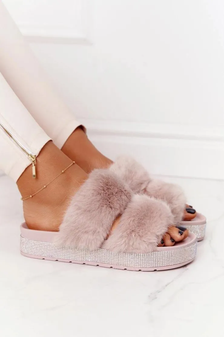 Sale Boto Klapki Na Platformie Z Futerkiem I Cyrkoniami Beżowe Wow!