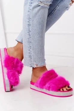 Damskie Boto Klapki Na Platformie Z Futerkiem I Cyrkoniami Fuksja Wow!