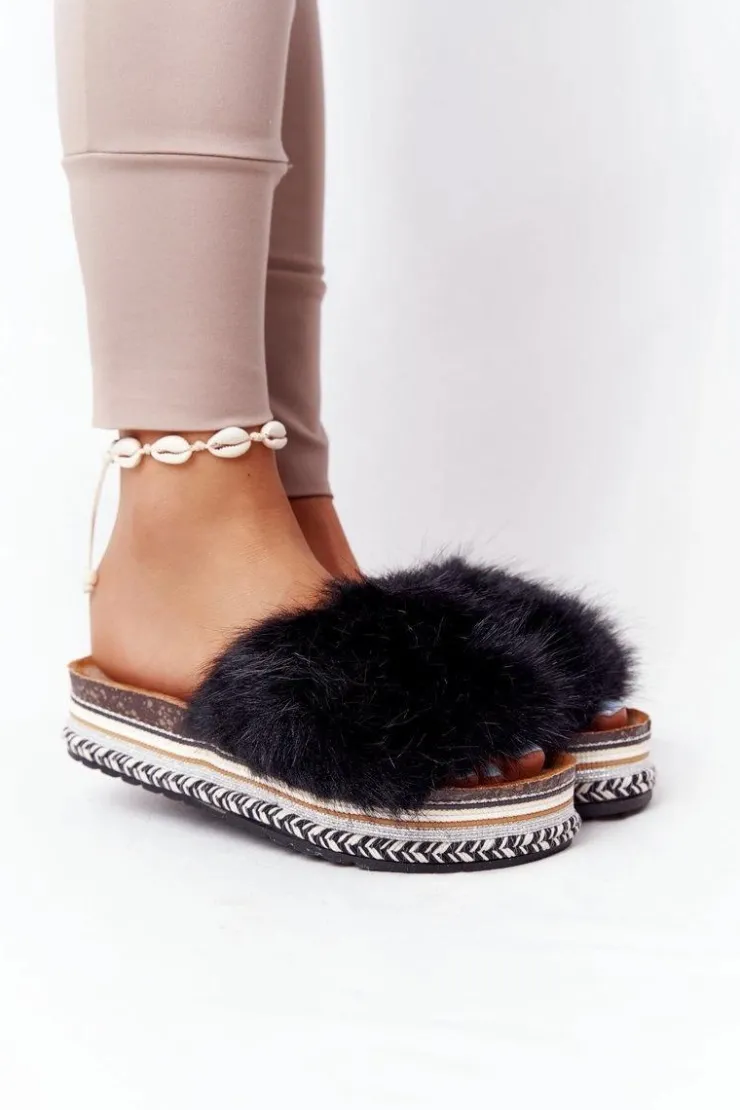 Discount Boto Klapki Na Platformie z Futerkiem Czarne Adventure