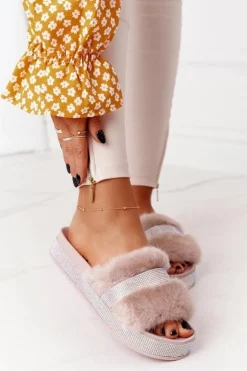 Boto Klapki Z Futerkiem|Klapki Na Platformie*Klapki Na Platformie Z Futerkiem I Cyrkoniami Beżowe Impress