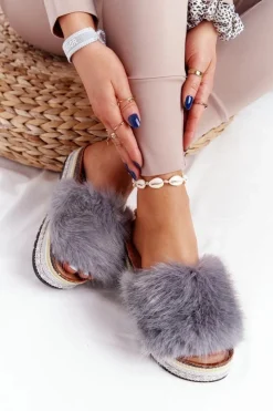 Boto Klapki Z Futerkiem|Klapki Na Platformie*Klapki Na Platformie z Futerkiem Szare Adventure