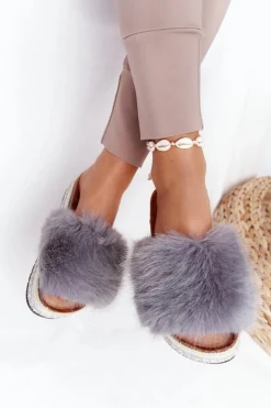 Boto Klapki Z Futerkiem|Klapki Na Platformie*Klapki Na Platformie z Futerkiem Szare Adventure