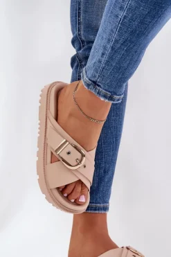 Outlet Boto Klapki Na Platformie Z Klamrą Beżowe Honavia