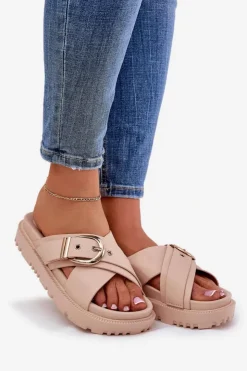 Outlet Boto Klapki Na Platformie Z Klamrą Beżowe Honavia