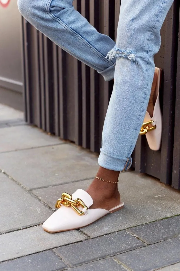 Damskie Boto Klapki Z Cholewką I Łańcuchem Beżowe Call On Me