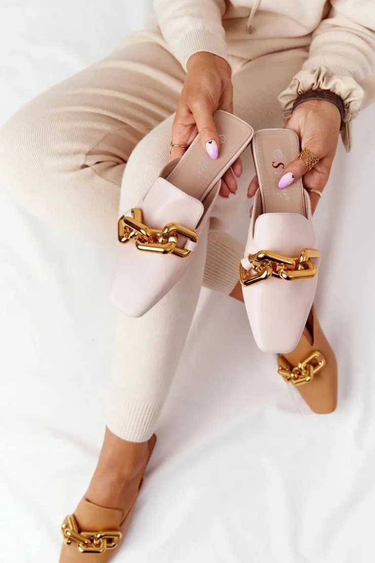 Damskie Boto Klapki Z Cholewką I Łańcuchem Beżowe Call On Me