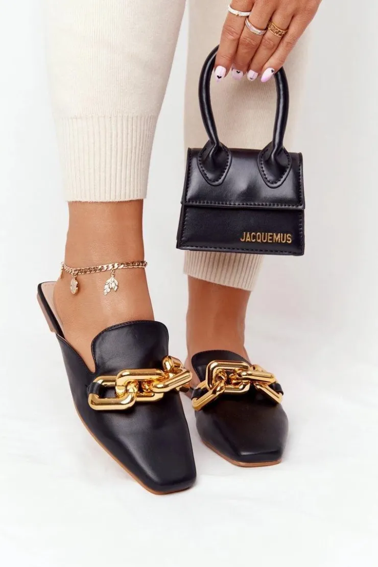 Boto Klapki Damskie Klasyczne*Klapki Z Cholewką I Łańcuchem Czarne Call On Me