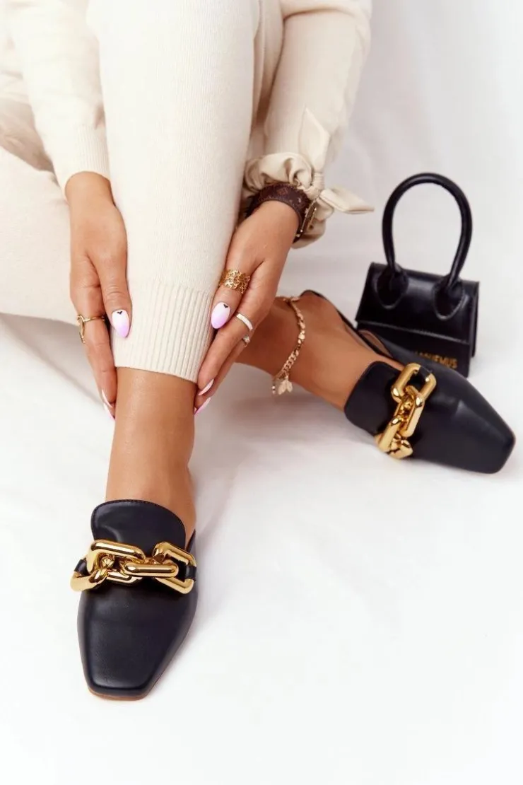 Boto Klapki Damskie Klasyczne*Klapki Z Cholewką I Łańcuchem Czarne Call On Me