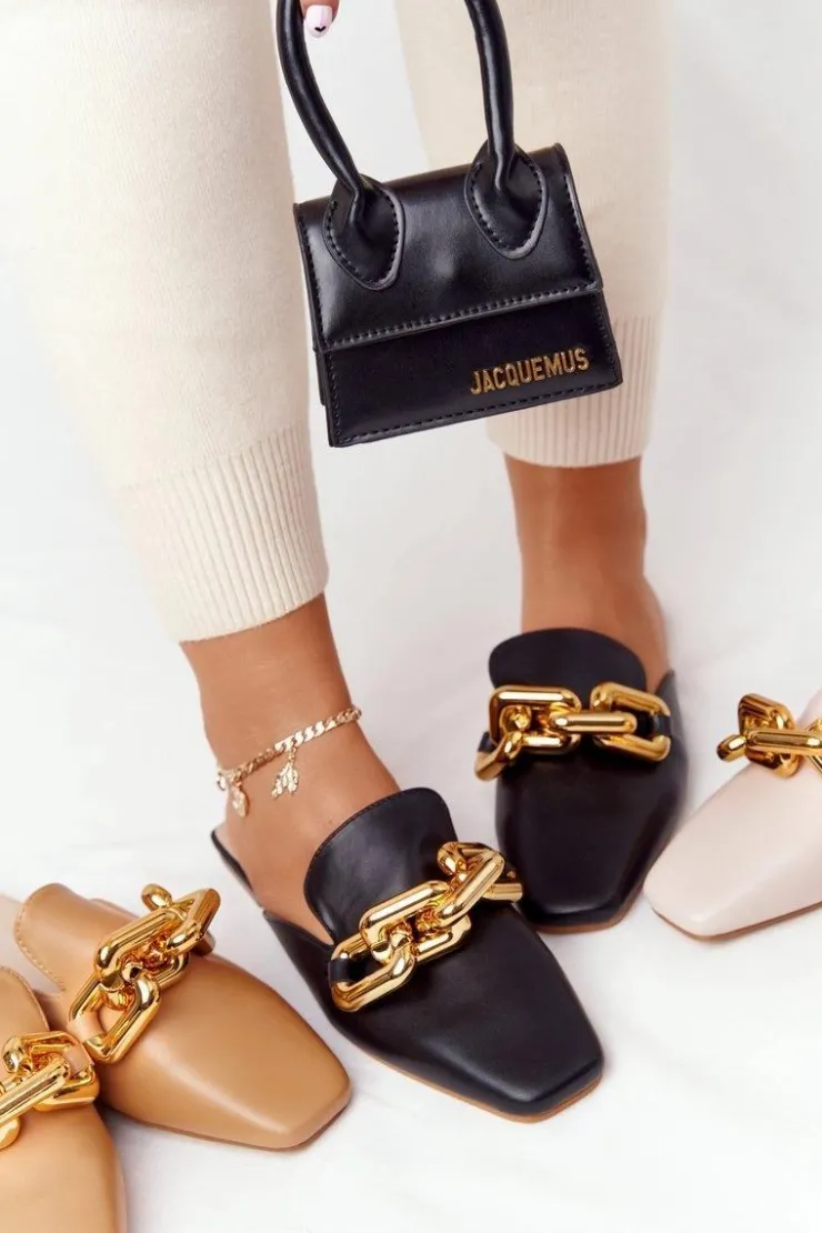 Boto Klapki Damskie Klasyczne*Klapki Z Cholewką I Łańcuchem Czarne Call On Me