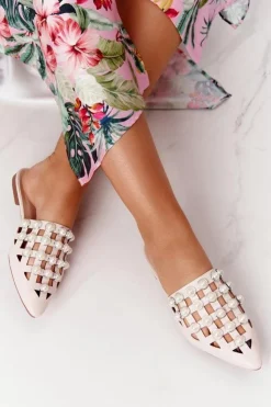 New Boto Klapki Z Cholewką I Perłami Beżowe Ripple