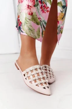 New Boto Klapki Z Cholewką I Perłami Beżowe Ripple