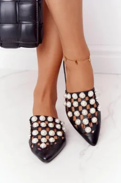 Boto Klapki Damskie Klasyczne*Klapki Z Cholewką I Perłami Czarne Ripple