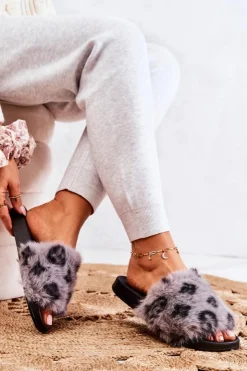 Damskie Boto Klapki Z Futerkiem Gumowe Panterka Szare Noelle