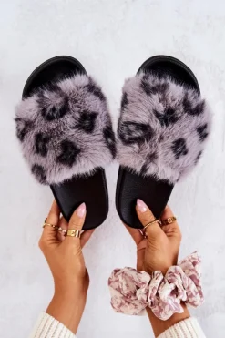 Damskie Boto Klapki Z Futerkiem Gumowe Panterka Szare Noelle