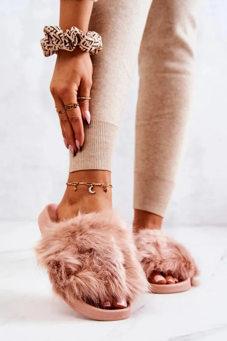 Boto Klapki Z Futerkiem|Klapki Damskie Klasyczne*Klapki Z Futerkiem Gumowe Brudny Róż Allyson